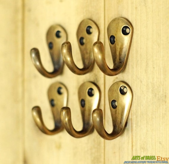 Lot of 6 pcs Vintage Style Western Cottage chic Solid Brass Antique Hook Hat Coat Wall Mount Hook