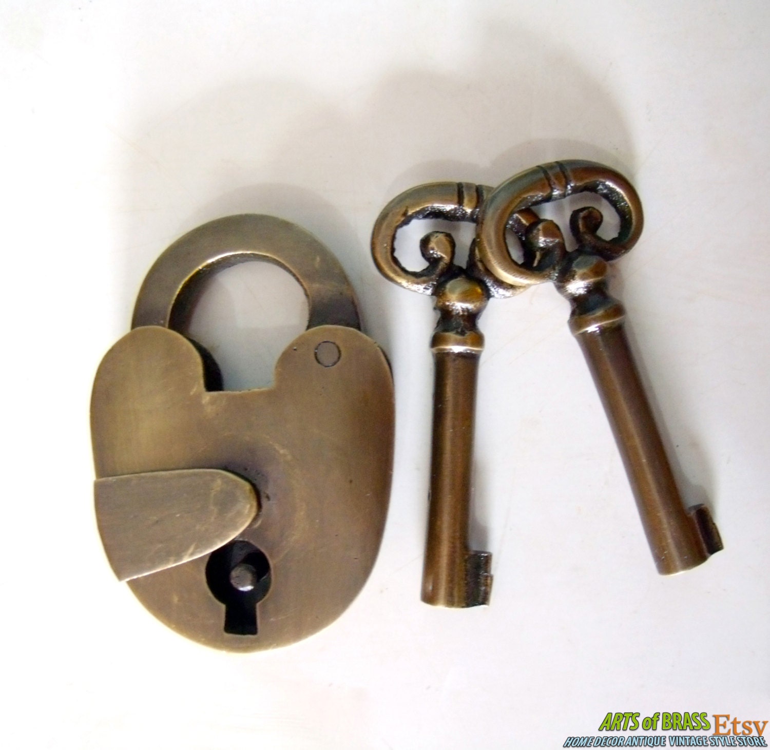 Antique Vintage Old PADLOCK With SKELETON Keys Solid Brass Safe