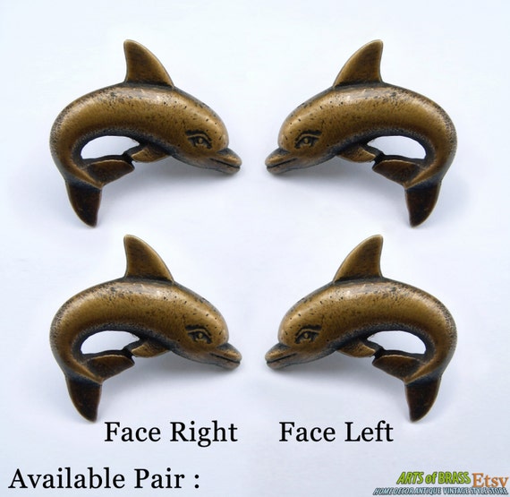 2 Set Pair 4 pcs Vintage DOLPHIN Cabinet ANTIQUE Pull KNOB Drawer