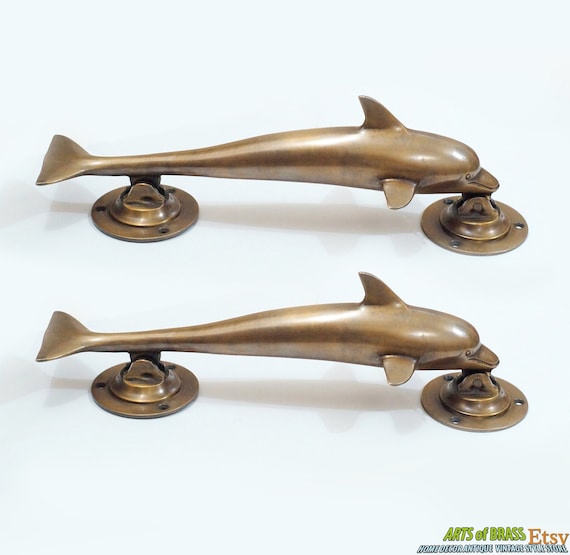 10.74" inches Set 2 pcs Vintage Big DOLPHIN Retro Entry Door Handle Hardware Cabinet Solid Brass Door Handle AC106