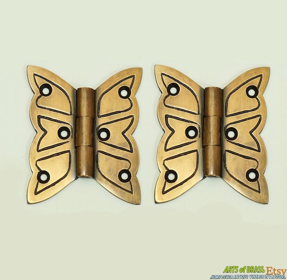 2.87" inches Lot of 2 pcs Vintage Engraved BUTTERFLY Hinge / Hinges Solid Brass Cabinet Door Hinges v056
