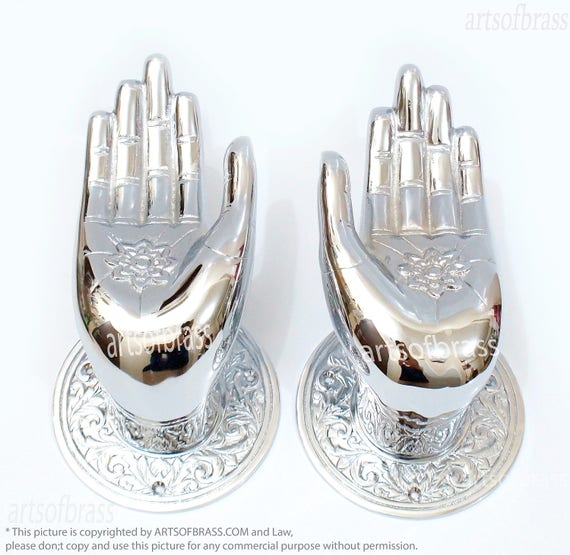 RARE 7.28" Pair CHROME BIG Vintage Buddha Bodhisattva Loving Compassionate Brass Main Door handle Antique Front Gate Door Handle