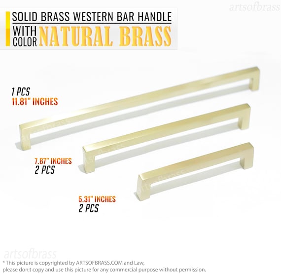 NATURAL BRASS Finish Solid Brass Retro Bar Pulls Western Raw Brass Closet Cabinet Drawer Dresser Door Handle Pulls