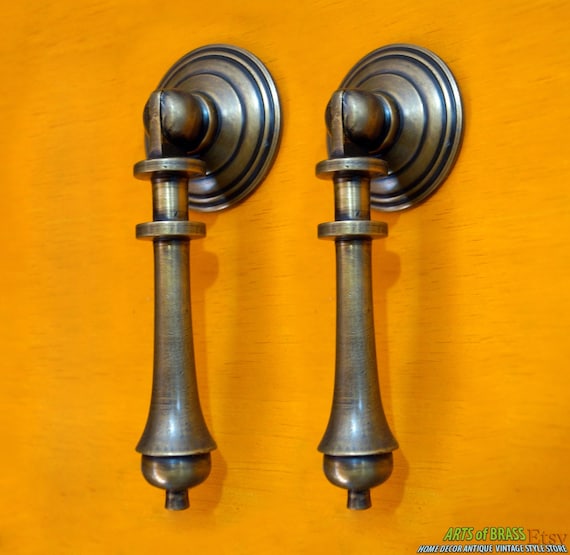 4.40" 2 pcs Big TEAR DROP Cudgel Antique SOLID Brass Knob Cabinet Drawer Handle Pull E017