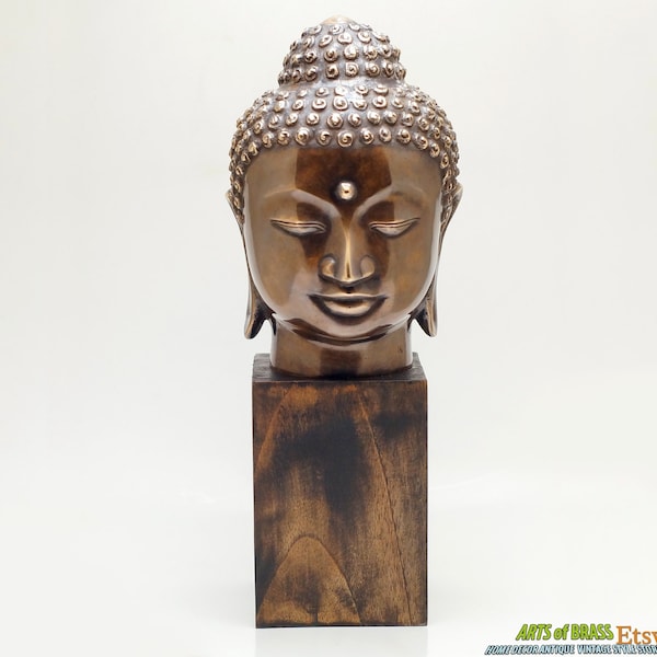 11.41" Old Chinese Buddhism Temple Antique Brass Sakyamuni Shakyamuni Tathagata Buddha Meditation Head Statue with Teak Wood Stand