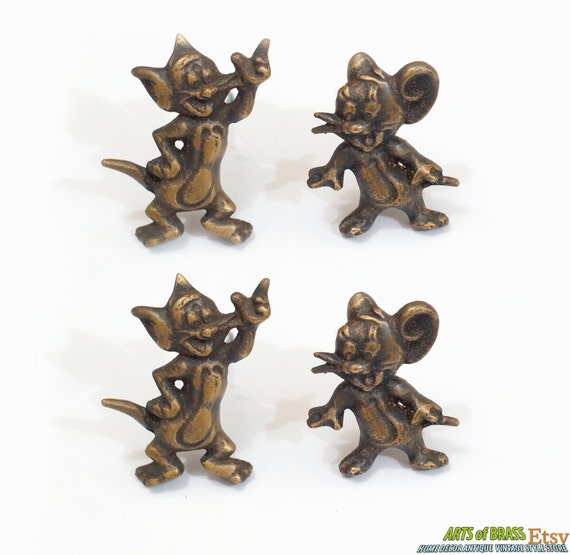 Set 2 pairs Vintage Tom and Jerry / cat and Mouse Disney Classic cartoon Figurine Solid Brass Antique Cabinet Drawer Handle Pulls N255 N266