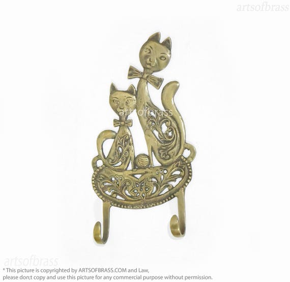 10.43" inches Vintage Old Brass Cat with Tie Animal Solid Brass Double Hooks Antique Strong Wall Mount Coat Hat Hook wall Decor