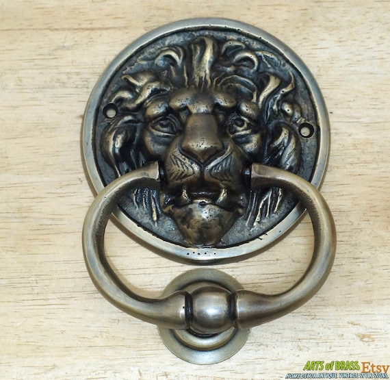 5.70" inches Vintage Solid Brass Round LION King Head Front Door KNOCKER with Pull Ring Knocker Door Protector P152
