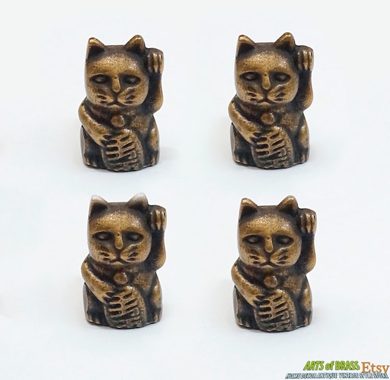 Lot of 4 pcs Vintage Retro Fortune Lucky Cat Figurine Solid Knobs Handle Solid Brass Cabinet Handle Pull Knobs N252