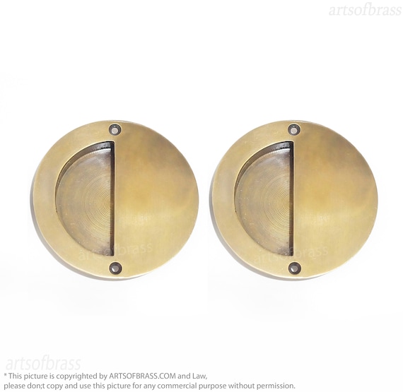 3.50" Lot of 2 pcs Vintage Solid Brass Round Baldwin FLUSH Pull Sliding Door Cabinet Brass Knob Drawer Pulls