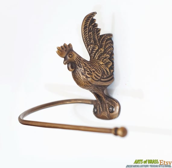 Vintage ROOSTER Tissue / Hand Towel Holder Towel Hanger Solid Brass Bathroom Towel Hook Handle AE111