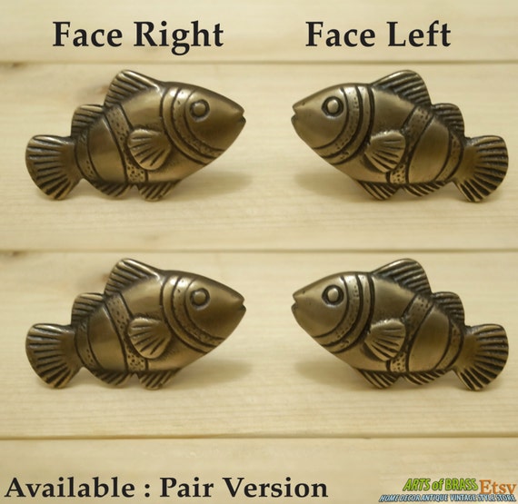 Lot of 2 Pairs Antique CROWN FISH Cabinet Brass Knob Drawer Pull Handle