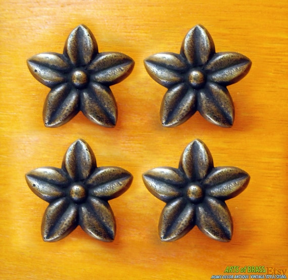 Lot of 4 pcs Vintage CHERRY BLOSSOMS Antique Cabinet Door Solid Brass Knob Drawer Handle Pulls