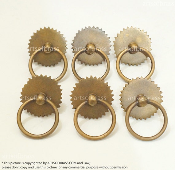 1.69" inches Lot of 6 Vintage Ring Saw Round Solid Brass Cabinet Drawer Handle Pull P009
