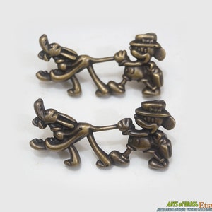 3.54" Lot of 2 pcs Disney Mickey and Pluto Go to School cartoon Figurine Solid Brass Antique Cabinet Drawer Handle Pulls
