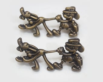 3.54インチ ディズニー ミッキーとプルート ゴー・トゥ・スクール 漫画フィギュア ソリッドブラス アンティークキャビネット引き出しハンドル プル 2個セット