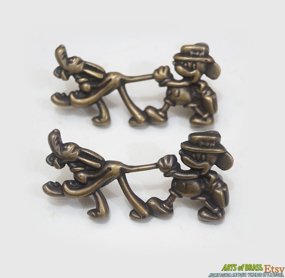 3.54" Lot of 2 pcs Disney Mickey and Pluto Go to School cartoon Figurine Solid Brass Antique Cabinet Drawer Handle Pulls