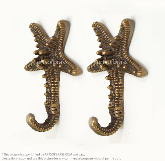 3.54" inches Lot of 2 pcs Vintage Solid Brass STAR FISH Hat Coat Antique Wall Mount Hooks U149