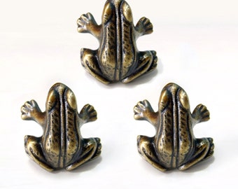 Lot of 3 pcs Vintage Rain Forest FROG Antique Solid Brass Cabinet Door Brass KNOB Drawer Pull