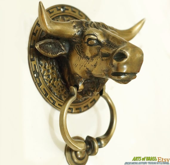 7.87" inches Antique Large BIG Buffalo COW BULL Head Hunt Front Door Knocker Cast Solid Brass