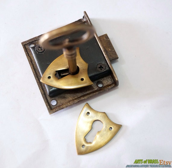 Key Lock and SKELETON Keys with SHIELD SIGN Key Hole Plates Antique Vintage Solid Brass