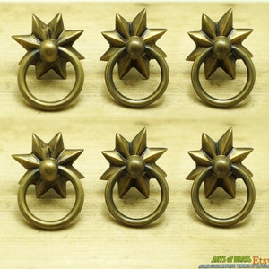 Lot of 6 pcs Vintage WESTERN STAR Ring Pull Hardware Cabinet Solid Brass Drawer Handle Knob Pulls