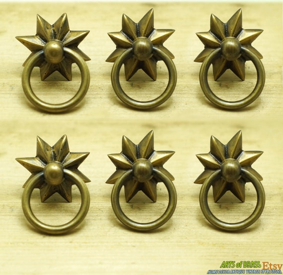 Lot of 6 pcs Vintage WESTERN STAR Ring Pull Hardware Cabinet Solid Brass Drawer Handle Knob Pulls