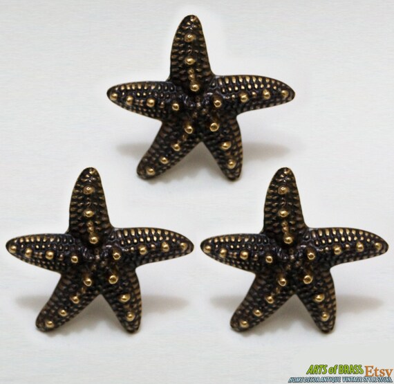 Lot of 3 pcs Vintage Solid Brass STARFISH Antique Cabinet Brass KNOB Drawer Pulls