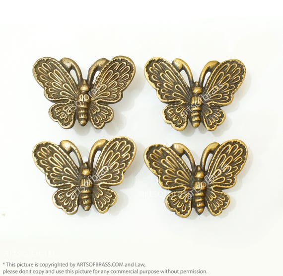 Lot of 4 pcs Vintaqe BUTTERFLY Antique Cabinet Door Brass KNOB Drawer Pulls