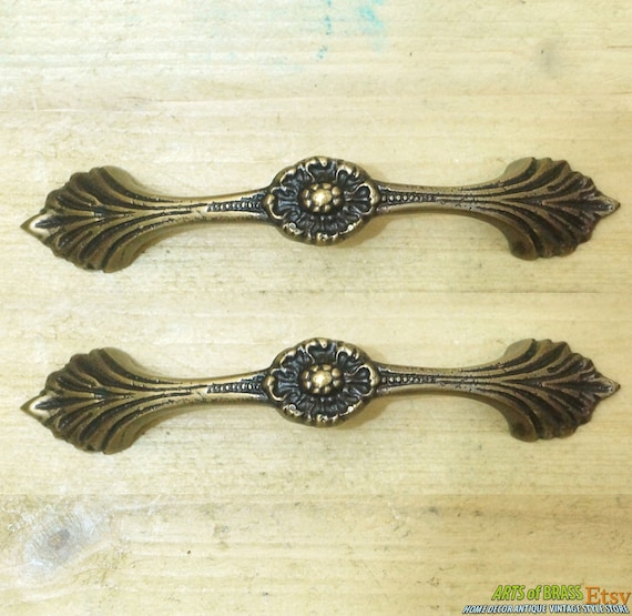 5.15" inches 2 pcs Vintage Victorian Flowers Bud Gemstone Solid Brass Drawer Cabinet Brass Knob Drawer Handle Pulls