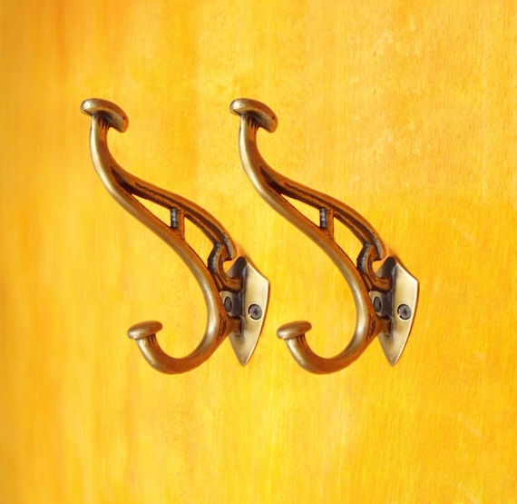 Lot of 2 pcs Art Deco HOOK HANGER Vintage Style Antique Solid Brass Cloth Hat Wall Hook