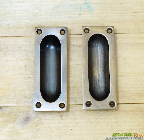 3.34" Lot of 2 pcs Vintage Solid Brass Baldwin FLUSH Pull Antique Sliding Door Cabinet Brass Knob Drawer Pulls J004