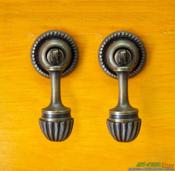 2.51" Lot 2 pcs NUTS CUDGEL Cabinet door Pull KNOB Antique Vintage Solid Brass