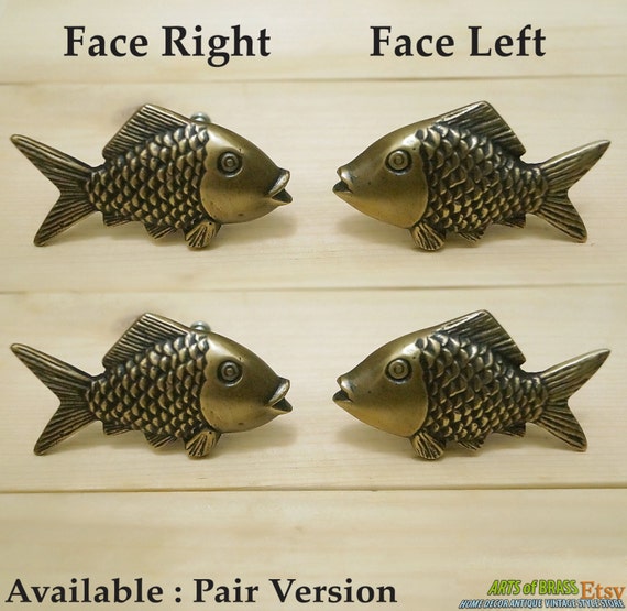 Lot of 2 Pairs Antique SMALL MOUTH BASS Fish Cabinet Solid Brass Knob Drawer Pulls