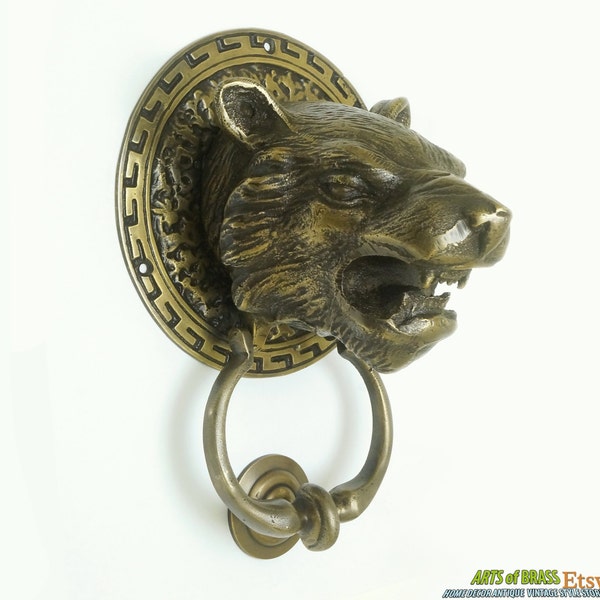 8.07" inches Vintage Antique Black Cat Panther Tiger Jungle Animal Head Door Knocker Cast Solid Brass P180