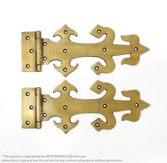 8.66" Pair Vintage Old Strap Escutcheon Solid Brass Hinges Door Hinge V043