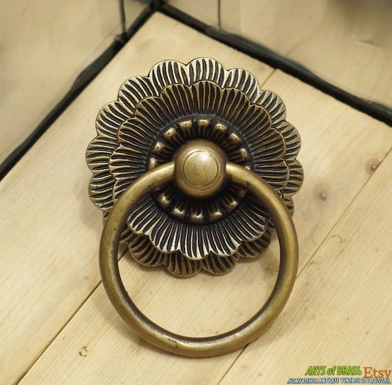 3.93" Inches Vintage Big LOTUS Flowers Antique Cabinet Door Drawer Round Pull Handle KNOB P128B