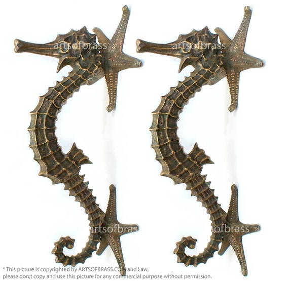 RARE Pair 20.86" Vintage Fantasia Sea Horse Mythology Poseidon With Star Fish Big Entry Door Solid Brass Big Door Handle YSW