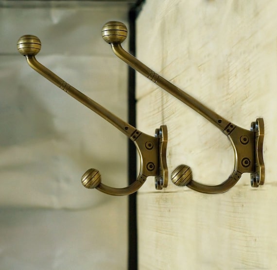 Lot of 2 Pcs Vintage HOOK BALL ROUND Strong Solid Brass Antique Wall Mount  Hooks 