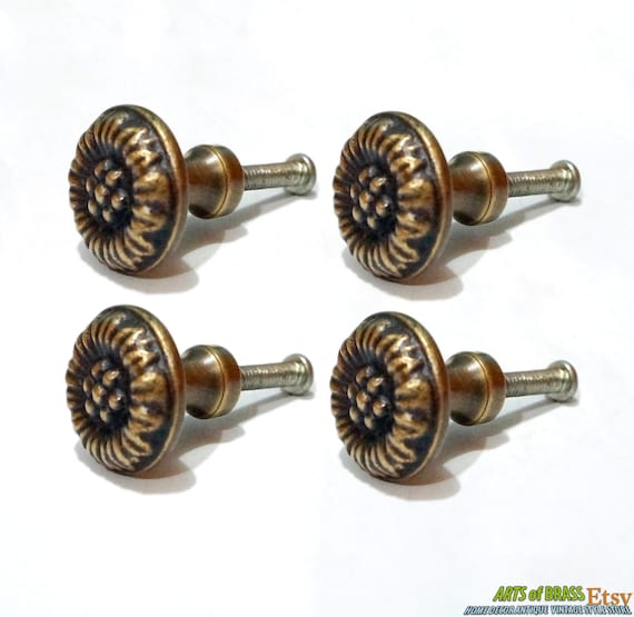 Lot of 4 pcs Vintage EDELWEISS FLOWERS Antique Brass Handle Cabinet Drawer Handle Pulls