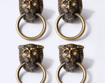 Lotto di 4 pezzi antica testa di leone piccola maniglia rotonda in ottone massiccio per porta dell'armadio pomello cassetto