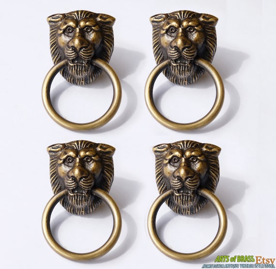 Lot of 4 Pcs Antique LION Head Small Solid Brass Round Cabinet Door Handle pull Knob Drawer