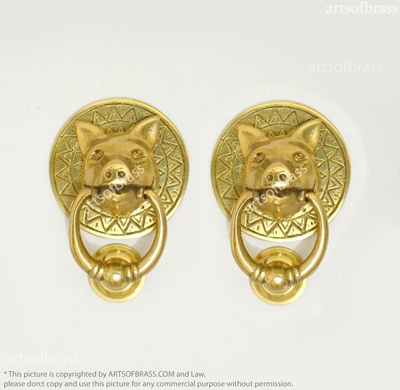 Lot of 2 pcs vintage Gold Finishing Solid Brass PIG Piggy Farm head Cabinet Door Brass Round KNOB Drawer Pull with Wall Protector