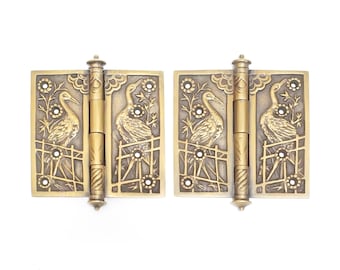 Vintage Solid Brass Door Hinges with Stork Detail Engraved Decoration - 3.75" Hinge Set