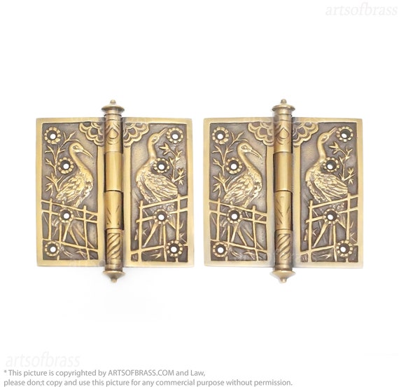 Vintage Solid Brass Door Hinges with Stork Detail Engraved Decoration - 3.75" Hinge Set