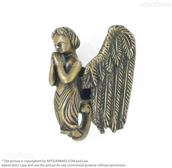 6.10" inches Vintage SOLID BRASS Angel Mermaid Praying Door Knocker Front Door Hanger Decor