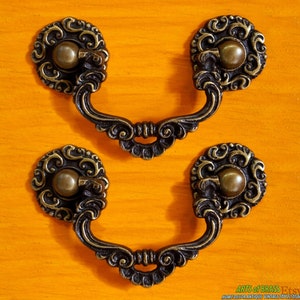 Lot of 2 pcs Vintage Victorian double circle Antique Solid Brass Cabinet Door Drawer Handle Pulls