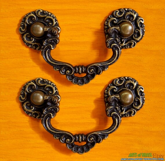 Lot of 2 pcs Vintage Victorian double circle Antique Solid Brass Cabinet Door Drawer Handle Pulls