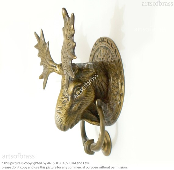 7.87" inches Antique Large BIG MOOSE Deer Head Hunt Door Knocker Cast Solid Brass
