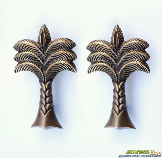 5.90" inches 2 pcs Vintage Solid Brass Big COCONUT PALM TREE Cabinet Door Brass Knob Drawer Pulls C143